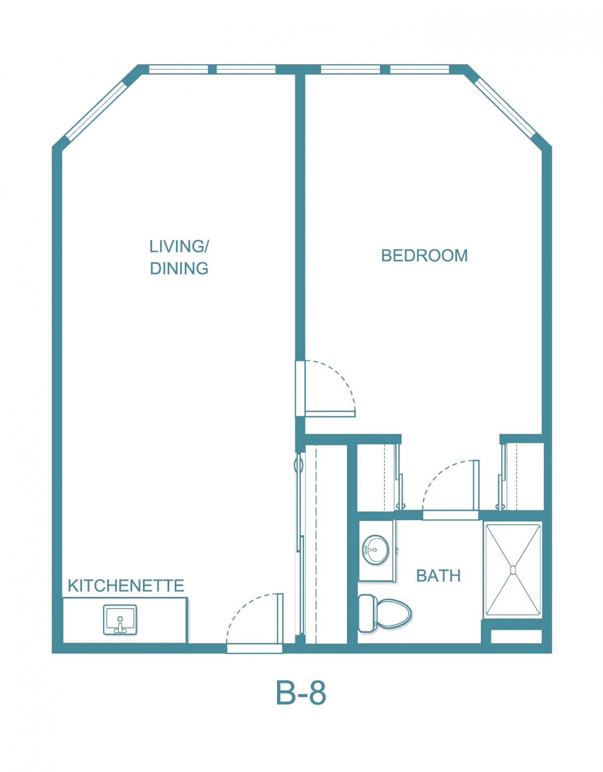 Floor plan of a studio apartment with a combined living/dining area, bedroom, kitchenette, and bathroom.