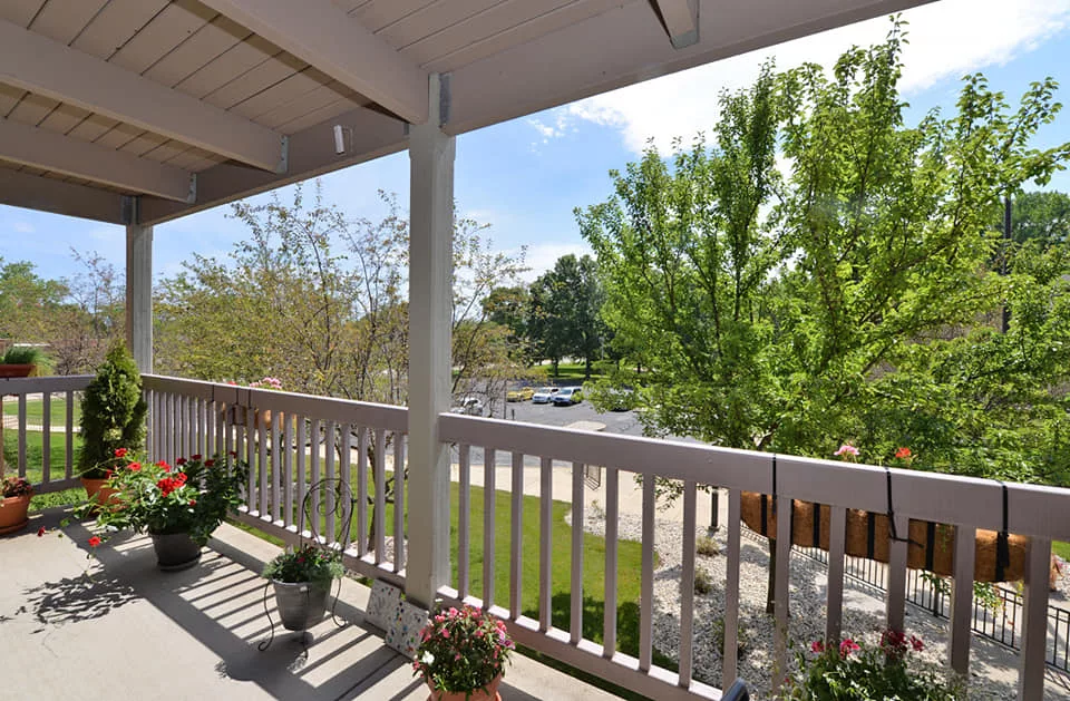 A sunny view from a balcony overlooking trees and a yard.