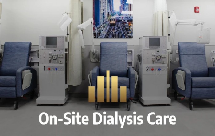 On-Site Dialysis Care setup with medical machines and a patient chair.
