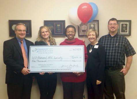A group of people posing with a large donation check and balloons.
