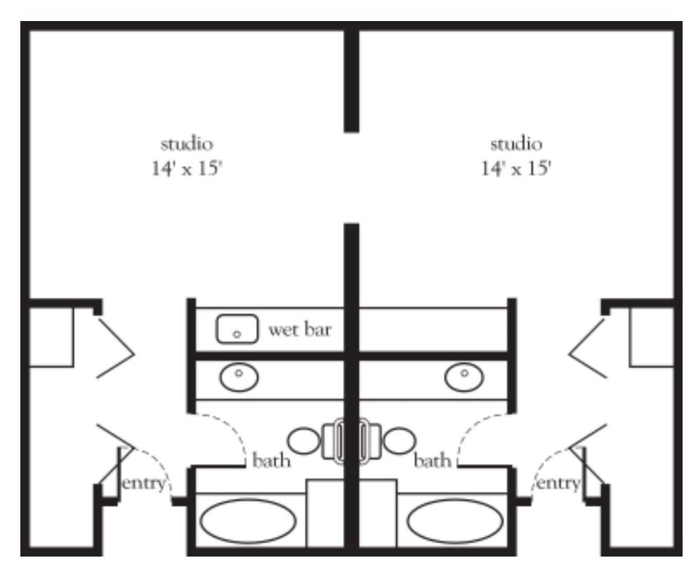 A blueprint of a studio apartment layout showing two adjacent units with shared amenities.