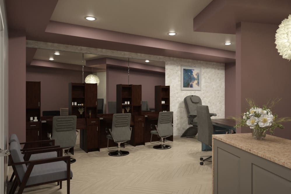 A modern salon interior with multiple workstations featuring chairs and mirrors.