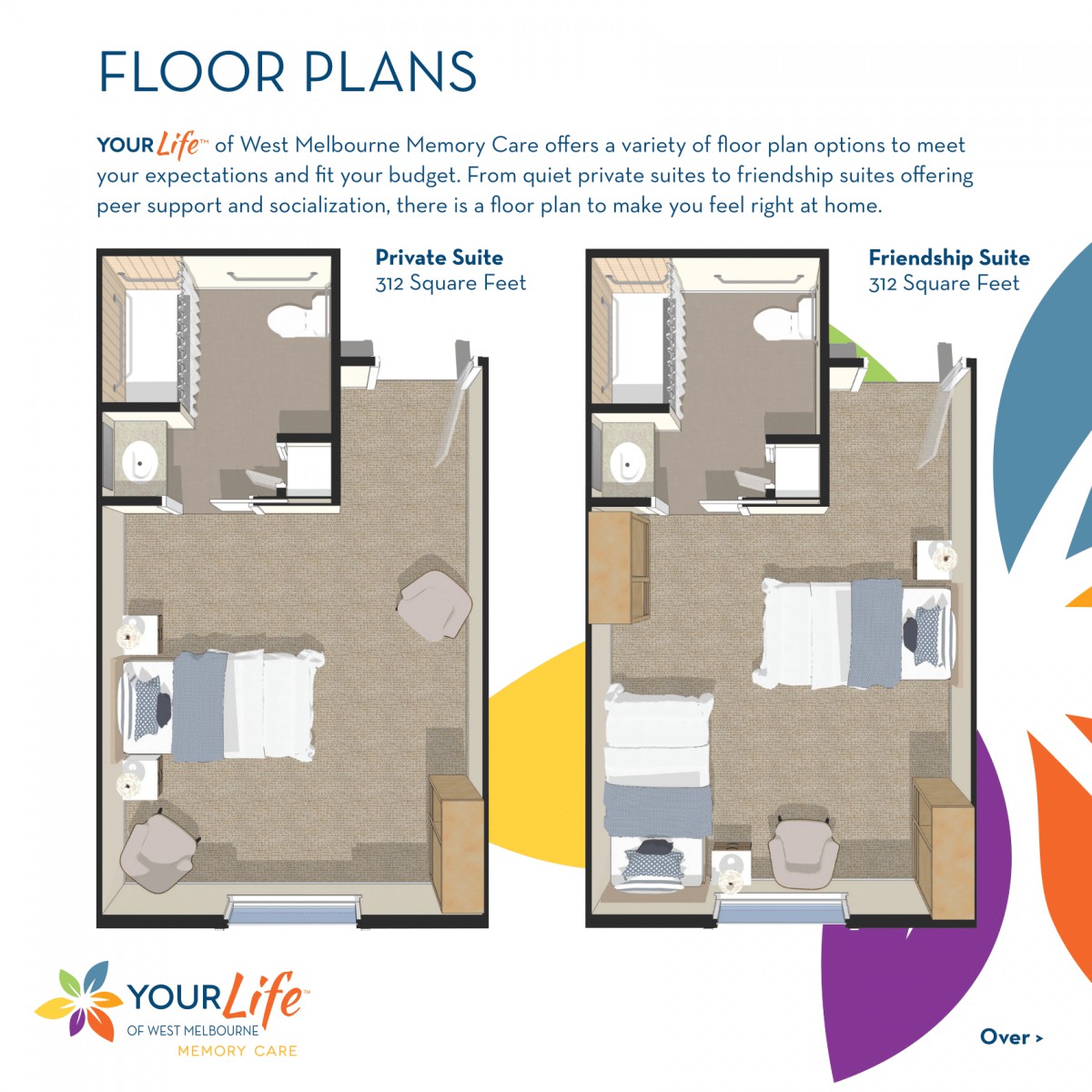 Floor plans for senior living options featuring two types of suites: the One-Bedroom Suite and the Friendship Suite.