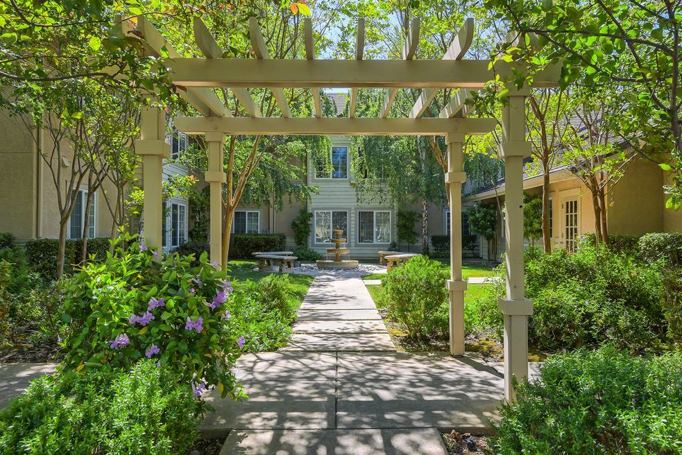 A serene garden pathway under a wooden pergola leading to a charming house.