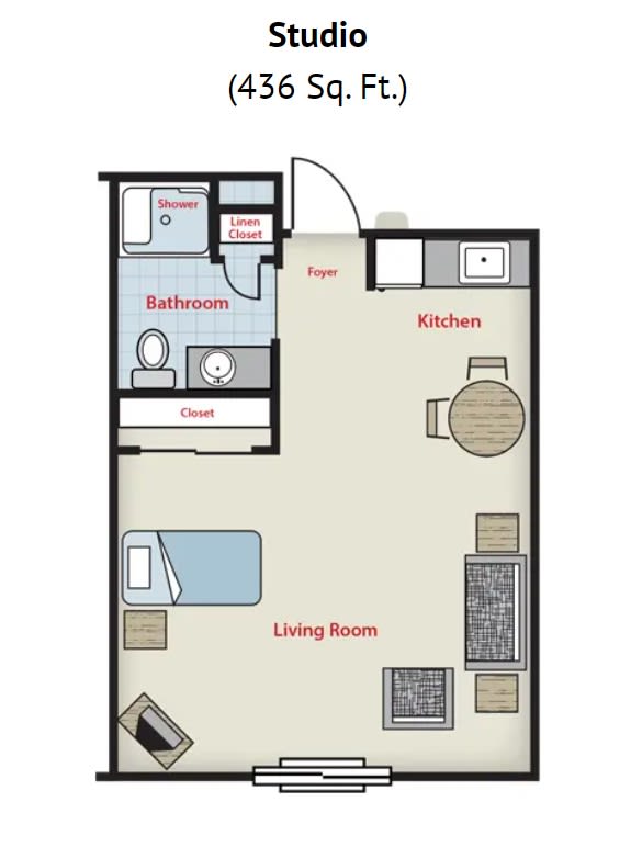 A simple floor plan of a small apartment featuring a living room, kitchen, and bathroom.