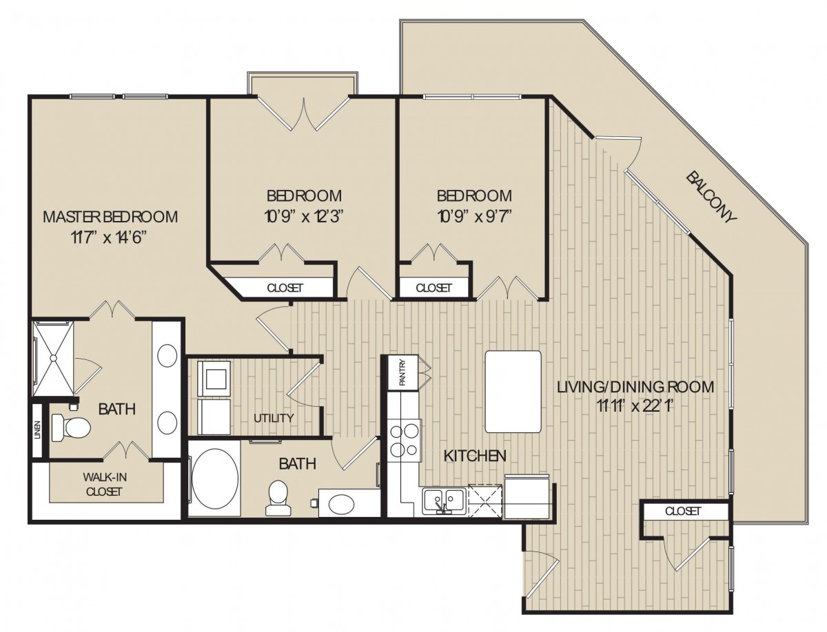 A floor plan of an apartment with three bedrooms and two bathrooms.