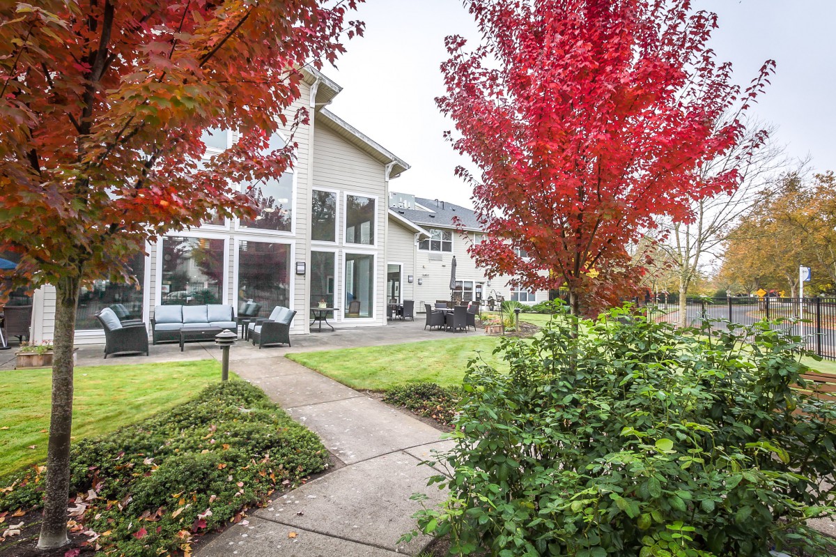 A modern house surrounded by a well-maintained yard with autumn trees displaying vibrant red foliage.