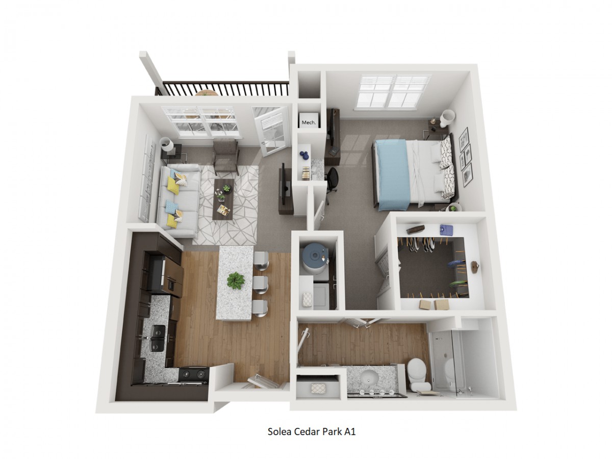 3D floor plan of a modern one-bedroom apartment featuring a kitchen, living area, bedroom, and bathroom.