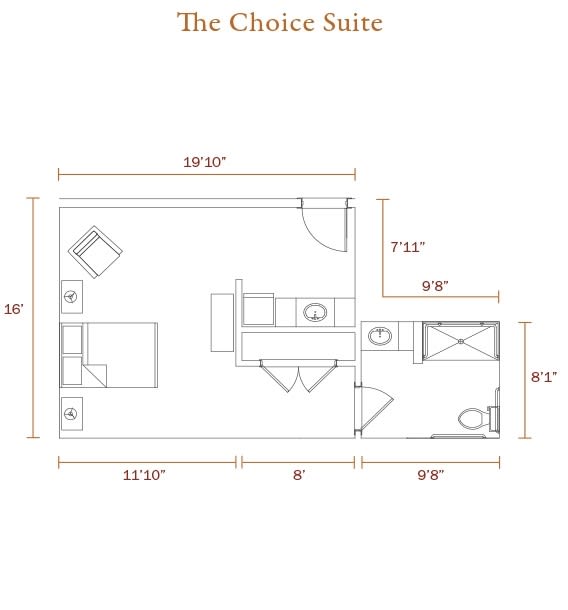 Detailed floor plan of The Choice Suite with room dimensions.