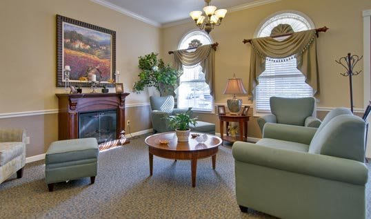 A cozy living room featuring armchairs, a wooden coffee table, and a fireplace, complemented by indoor plants and elegant decor.