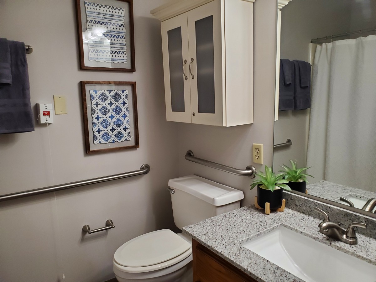 A well-organized bathroom with a toilet, sink, and overhead cabinet, featuring decorative elements and safety handrails.
