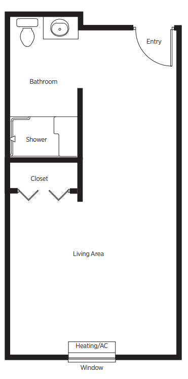 This image shows a floor plan of a studio apartment with a living area, closet, and shower.