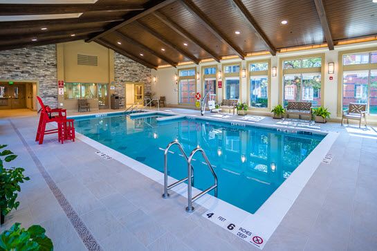 A modern indoor swimming pool with large windows and exposed wooden ceiling beams.
