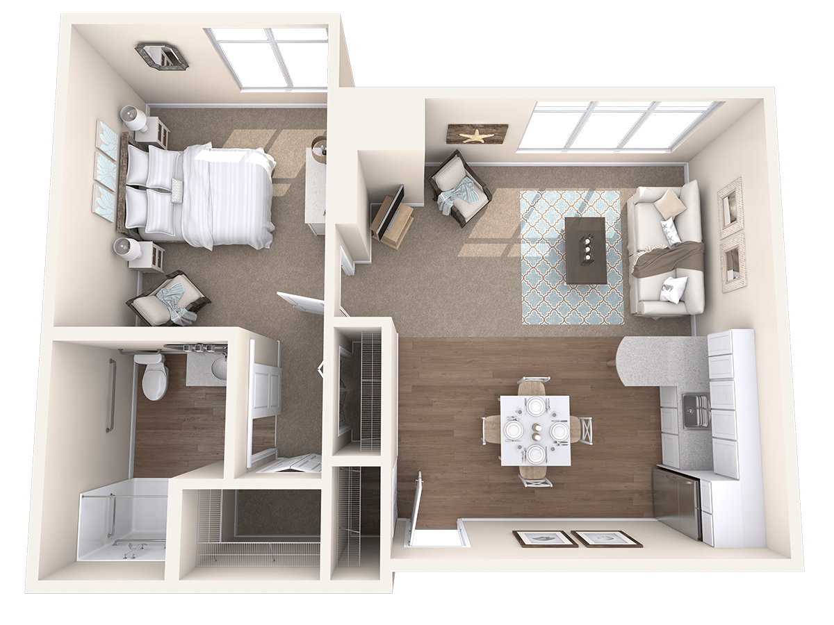 A 3D floor plan of a one-bedroom apartment featuring an open living area and kitchen.