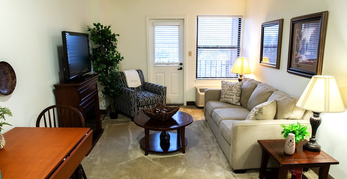A cozy living room with a sofa, armchair, television, and coffee table.