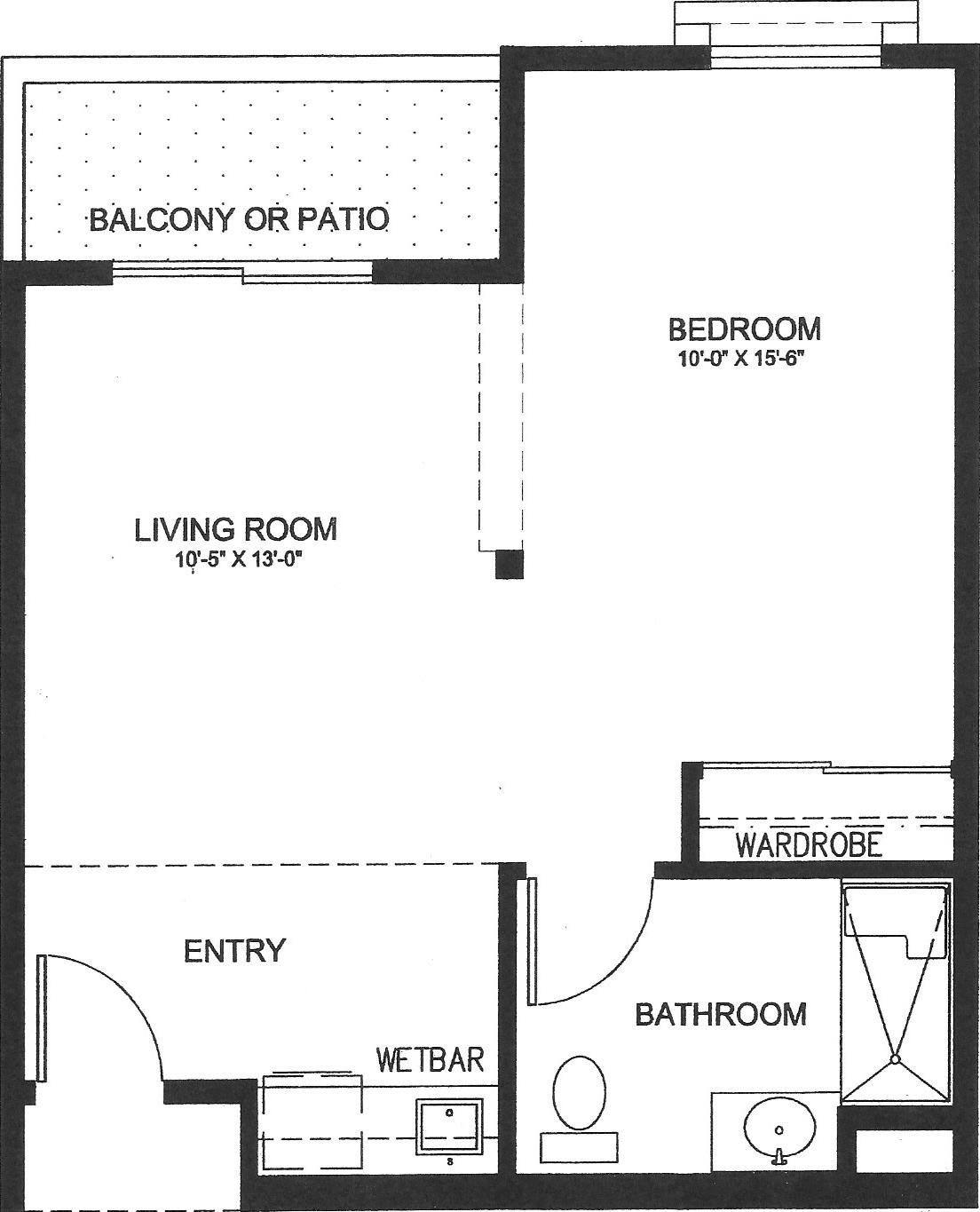 Floor plan for a one-bedroom apartment with living room, kitchen, bathroom, and balcony.