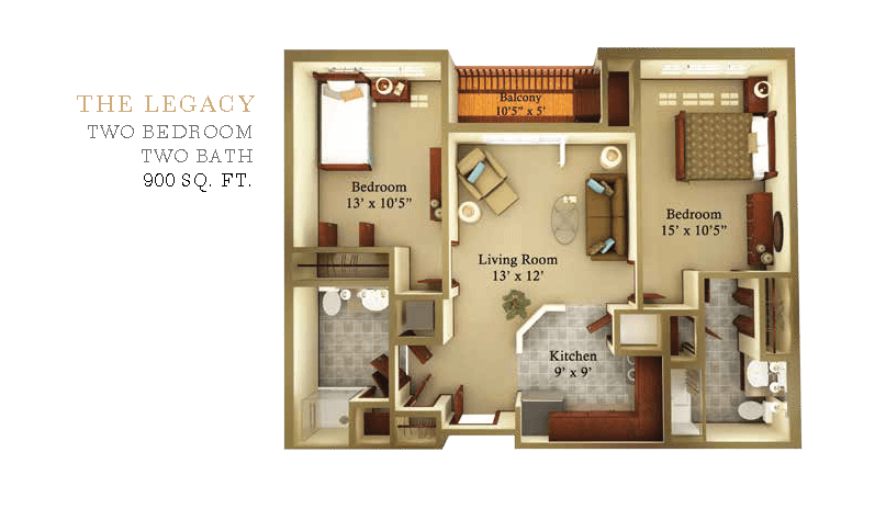 A detailed floor plan of a two-bedroom, two-bathroom apartment layout.