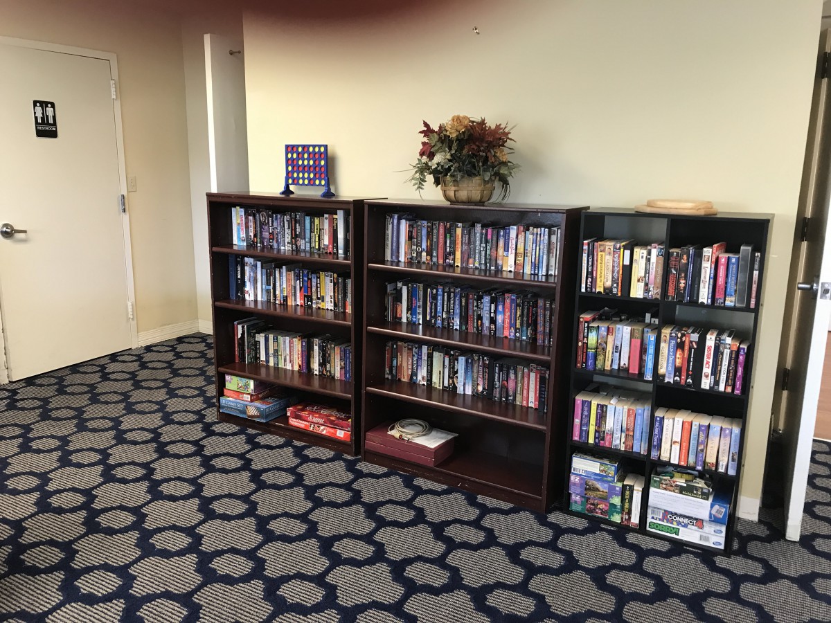 A cozy library corner with bookshelves filled with books, DVDs, and games.