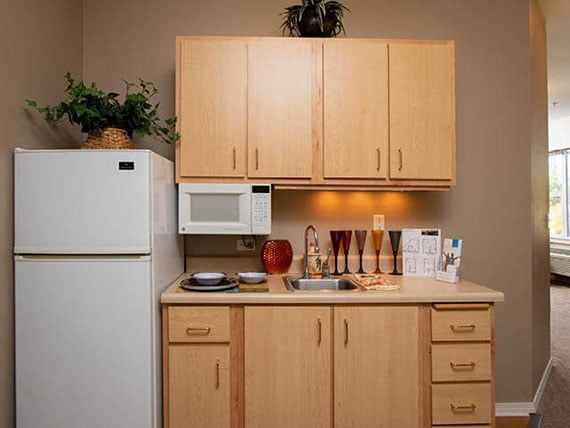 A modern kitchen setup with wooden cabinets, a fridge, microwave, and decorative items on the countertop.