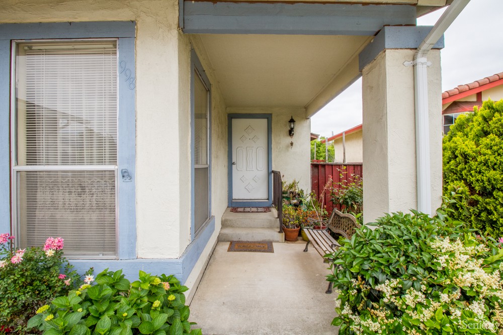 A cozy porch with plants and a bench leading to a house entrance.