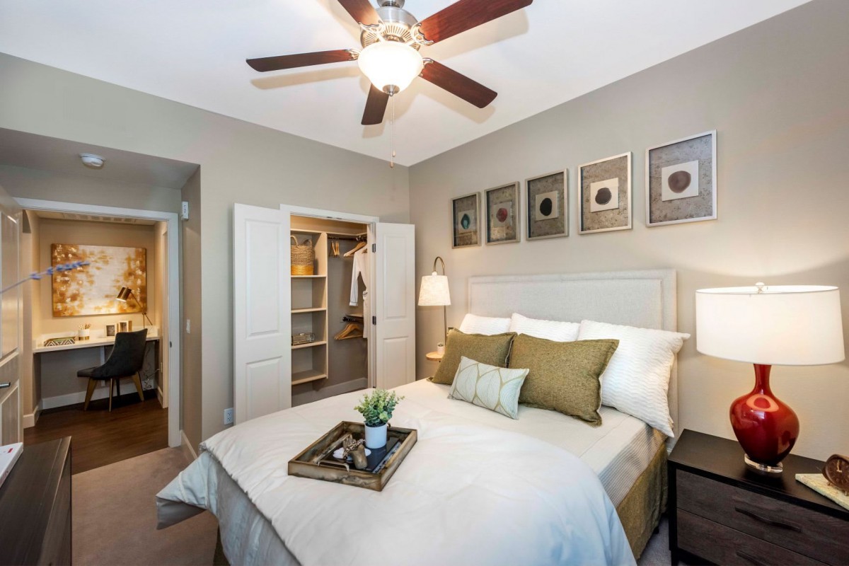 Modern bedroom with stylish decor and a ceiling fan.