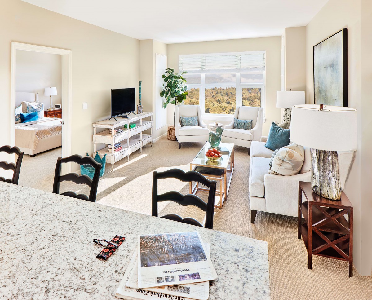A bright and stylish living room with a comfortable sofa, television, and decor accents.