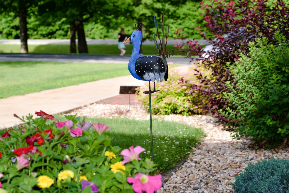 A garden featuring colorful flowers and a blue bird lawn ornament on a sunny day.