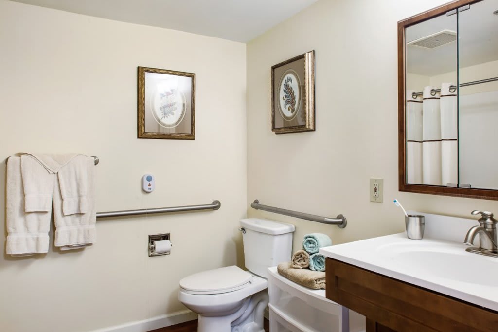 A clean and accessible bathroom with a toilet, sink, mirror, and towel rack, featuring framed artwork on the walls.