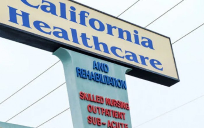 Sign for California Healthcare and Rehabilitation facility offering skilled nursing, outpatient, and sub-acute services.