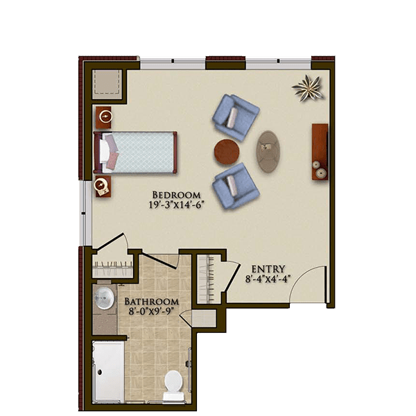 This image is a floor plan of a one-bedroom apartment with labeled areas for the bedroom, living room, and bathroom.