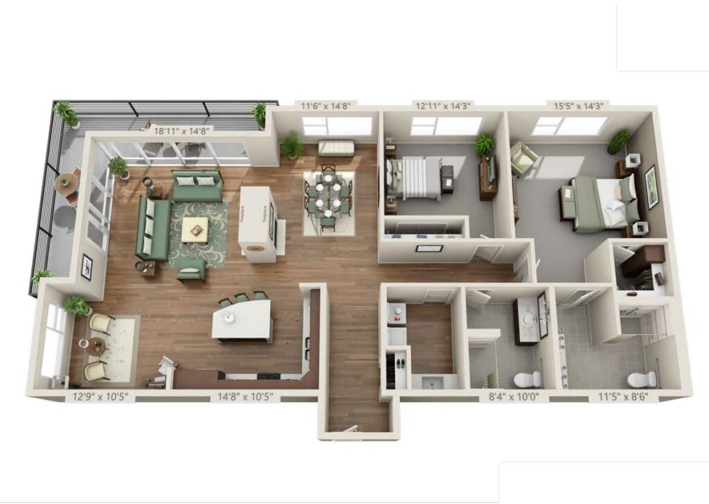 A 3D floor plan of a two-bedroom apartment, featuring a living room, kitchen, and bathroom.