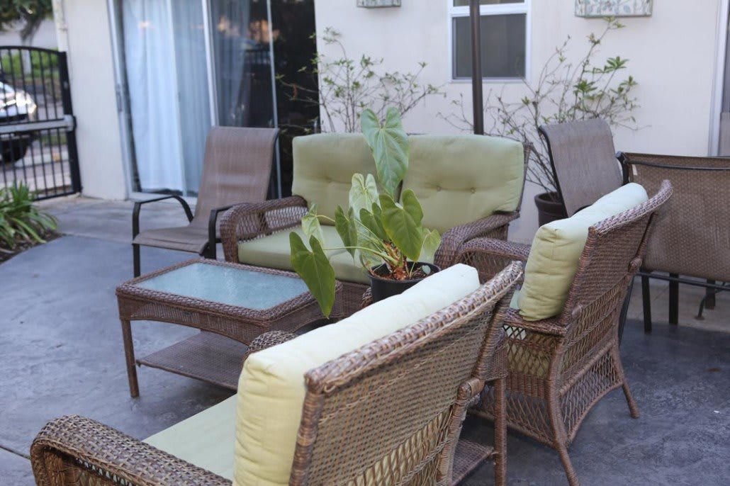 A cozy outdoor patio with wicker furniture and lush green plants.