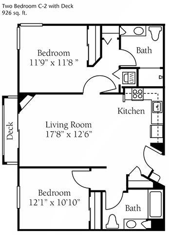 This image depicts a floor plan of an apartment, featuring two bedrooms, a bathroom, a kitchen, and a living room with access to a deck.