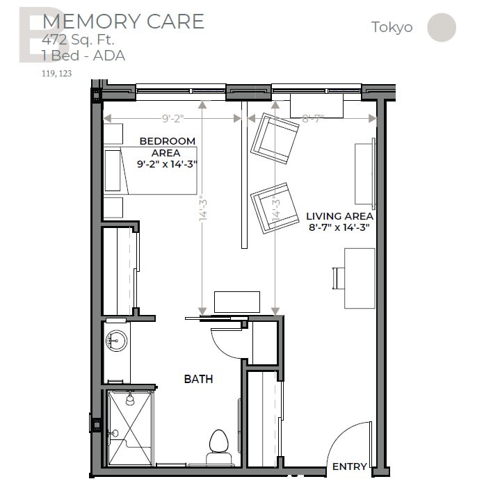A detailed floor plan of a memory care unit including bedroom and living areas.