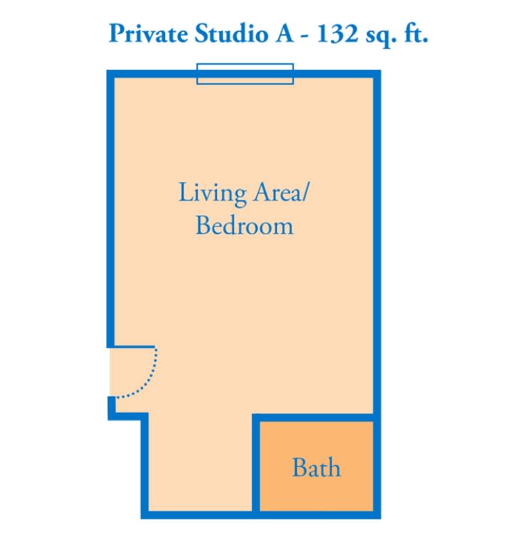 Floor plan of a private studio apartment measuring 132 square feet, featuring a combined living area/bedroom and a separate bathroom.