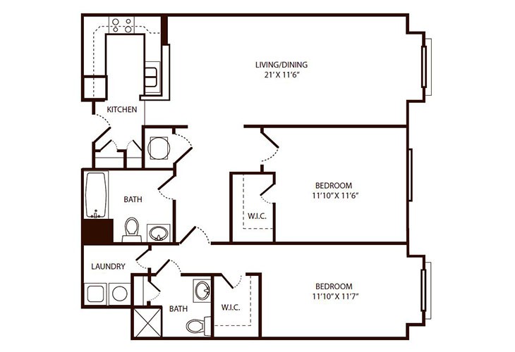 A floor plan of a two-bedroom apartment featuring a living room, kitchen, and bathrooms.