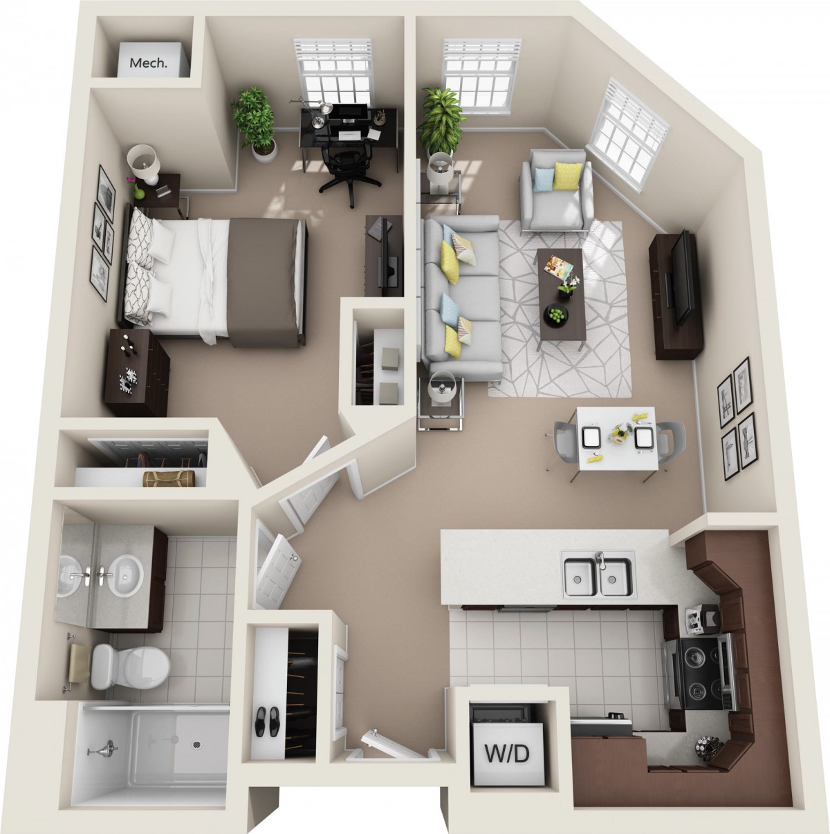 A 3D floor plan of a one-bedroom apartment featuring a living room, kitchen, and bathroom.