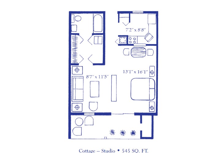Blueprint of a 545 sq. ft. studio apartment showing the layout of the living area, kitchen, bathroom, and entrance.