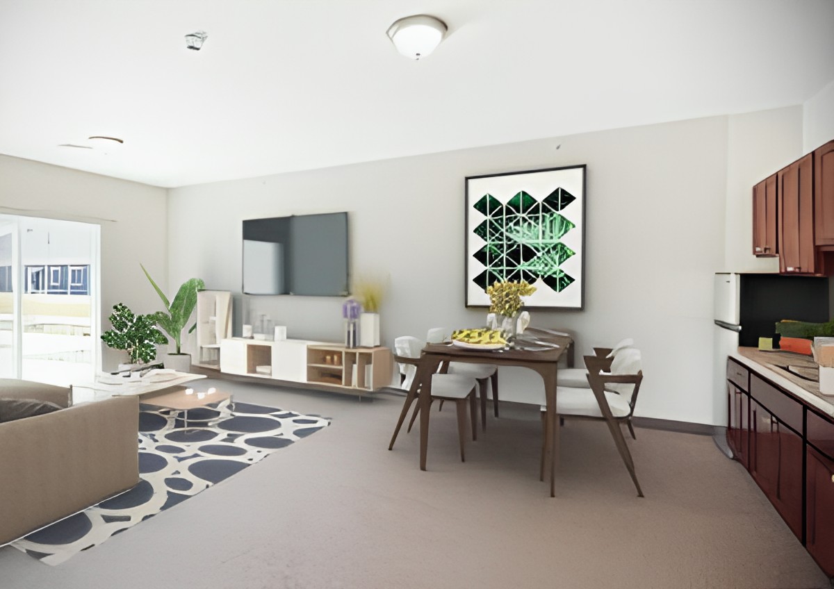 A modern and minimalist living room with a dining area, featuring sleek furniture and decorative plants.