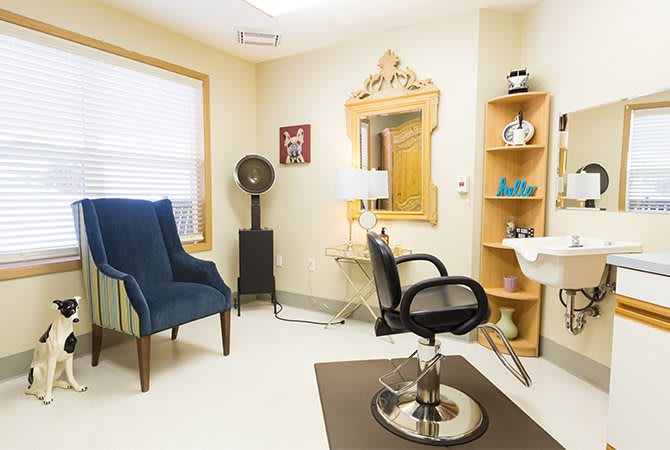 A cozy hair salon with stylish decor and a comfortable setup for clients.