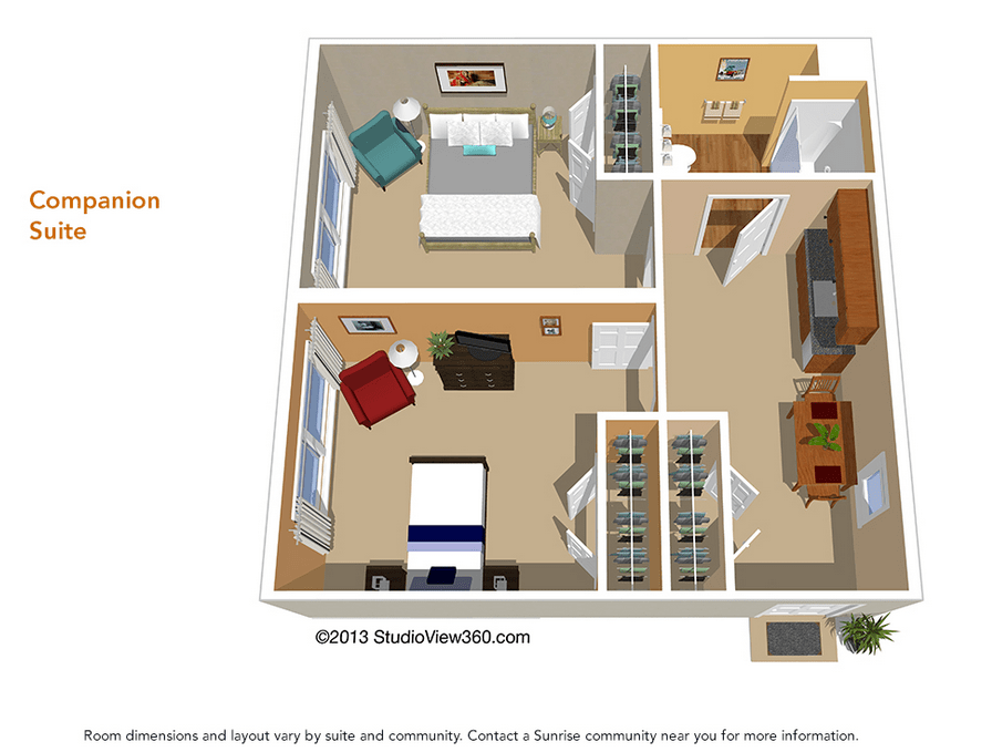 A 3D rendered floor plan of a two-bedroom apartment with detailed room layouts.
