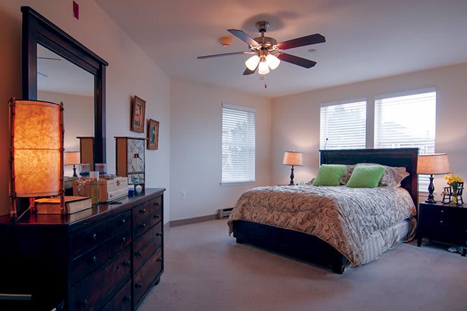 A cozy bedroom featuring a large bed with decorative pillows, a ceiling fan, and a wooden dresser.