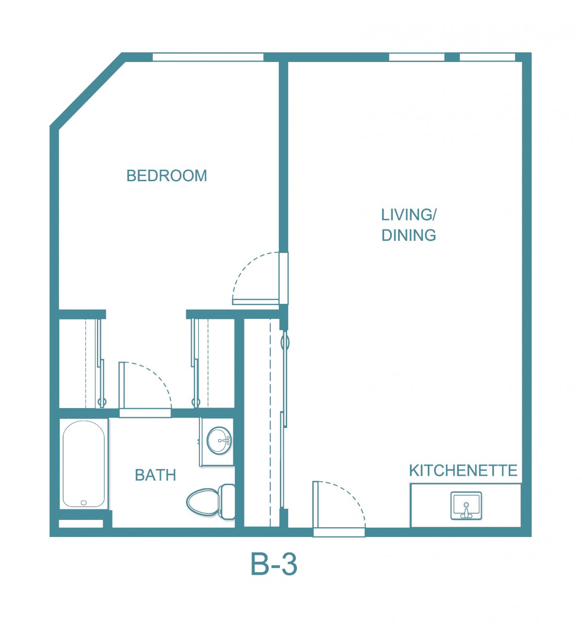 Floor plan of a one-bedroom apartment with a bath, louvered closet, and kitchenette.