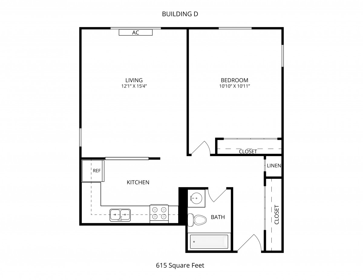Floor plan of a one-bedroom apartment with kitchen, living area, and bathroom.