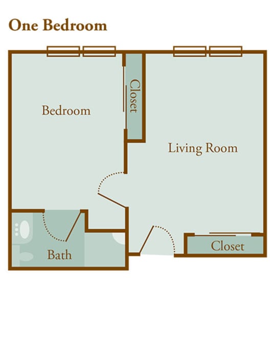 One-bedroom apartment floor plan with living room and bathroom.