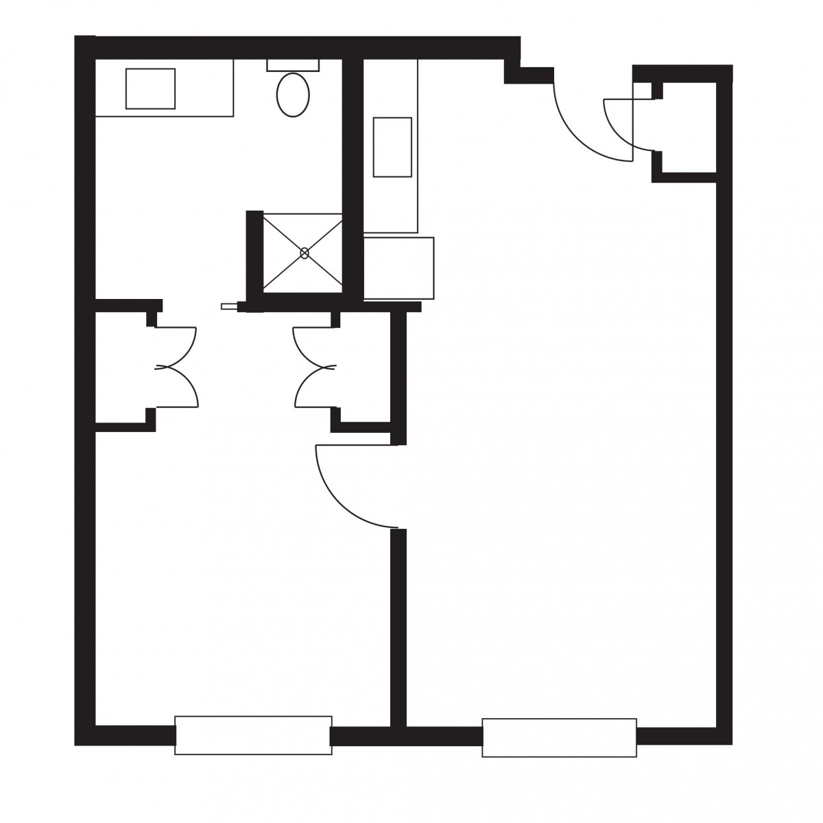 A simple floor plan of an apartment with one bedroom, a bathroom, and a living area.