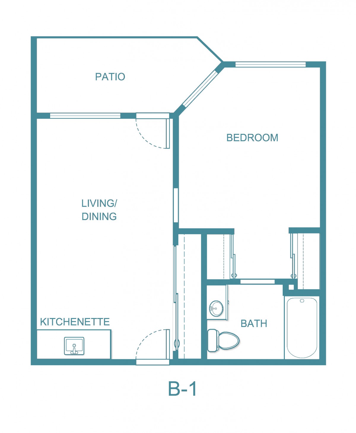 A floor plan labeled B-1 featuring a one-bedroom apartment with a living/dining area, kitchenette, bathroom, and patio.