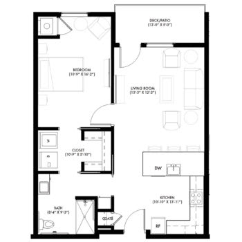 A schematic representation of an apartment floor plan, illustrating room layouts and dimensions.