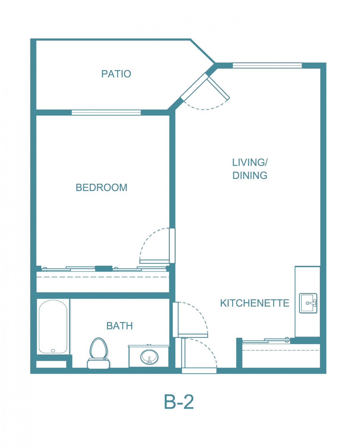 A simple floor plan of an apartment featuring a bedroom, bathroom, kitchenette, living/dining area, and a patio.