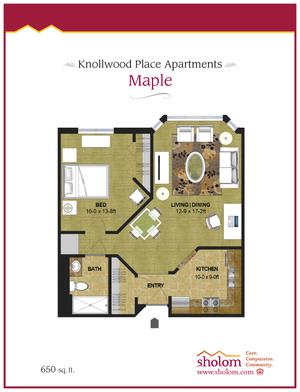 Floor plan of Maple unit at Kneilwood Place Apartments, featuring a living room, kitchen, bedroom, and bathroom.